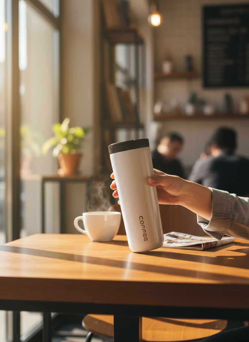 Coffee tumbler cafe scene