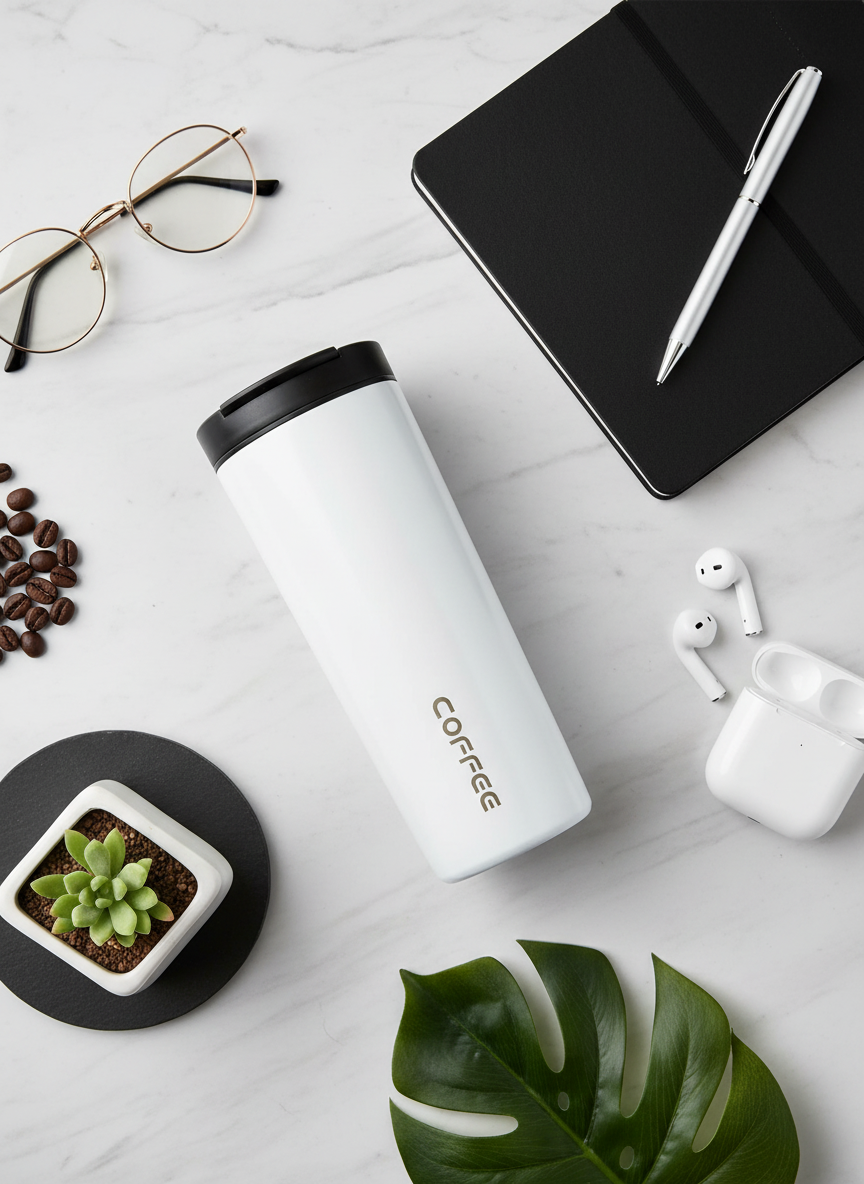 Coffee tumbler flat lay composition